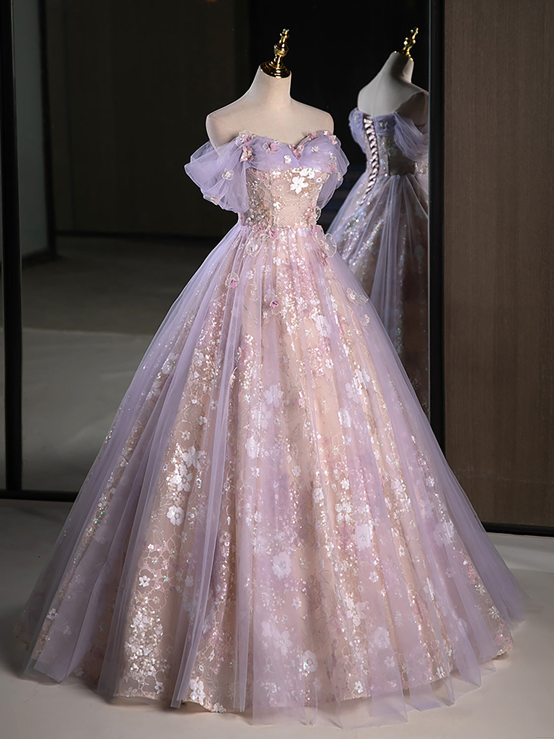 A-Line Off Shoulder Purple Long Prom Dress, Purple Sweet 16 Dress