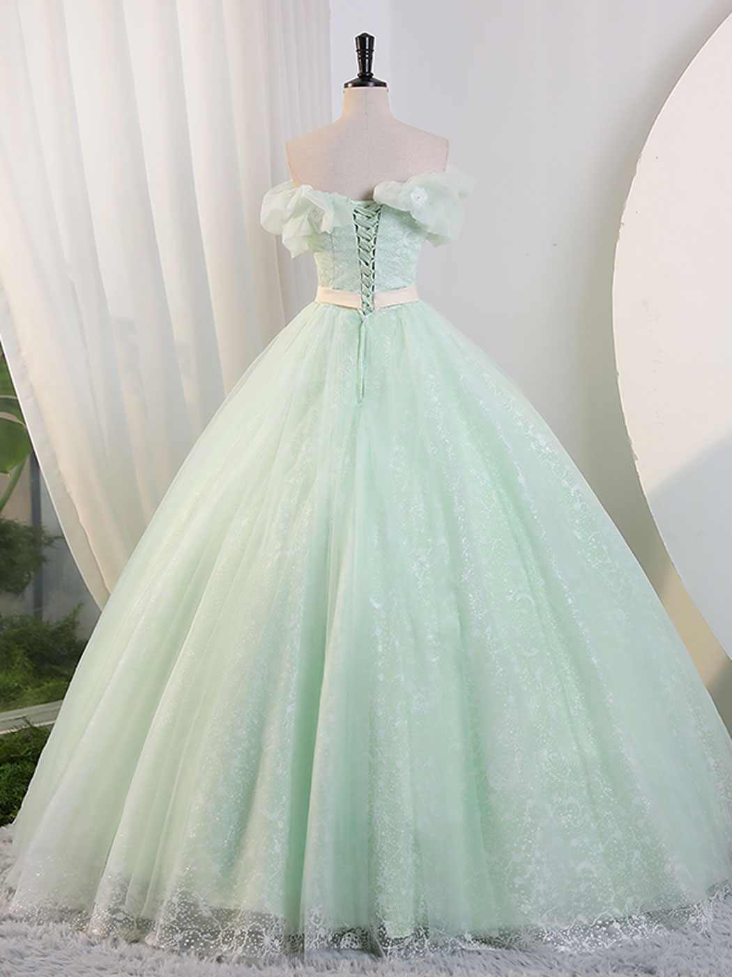 A-Line  Off Shoulder Green Long Prom Dress, Green Sweet 16 Dress