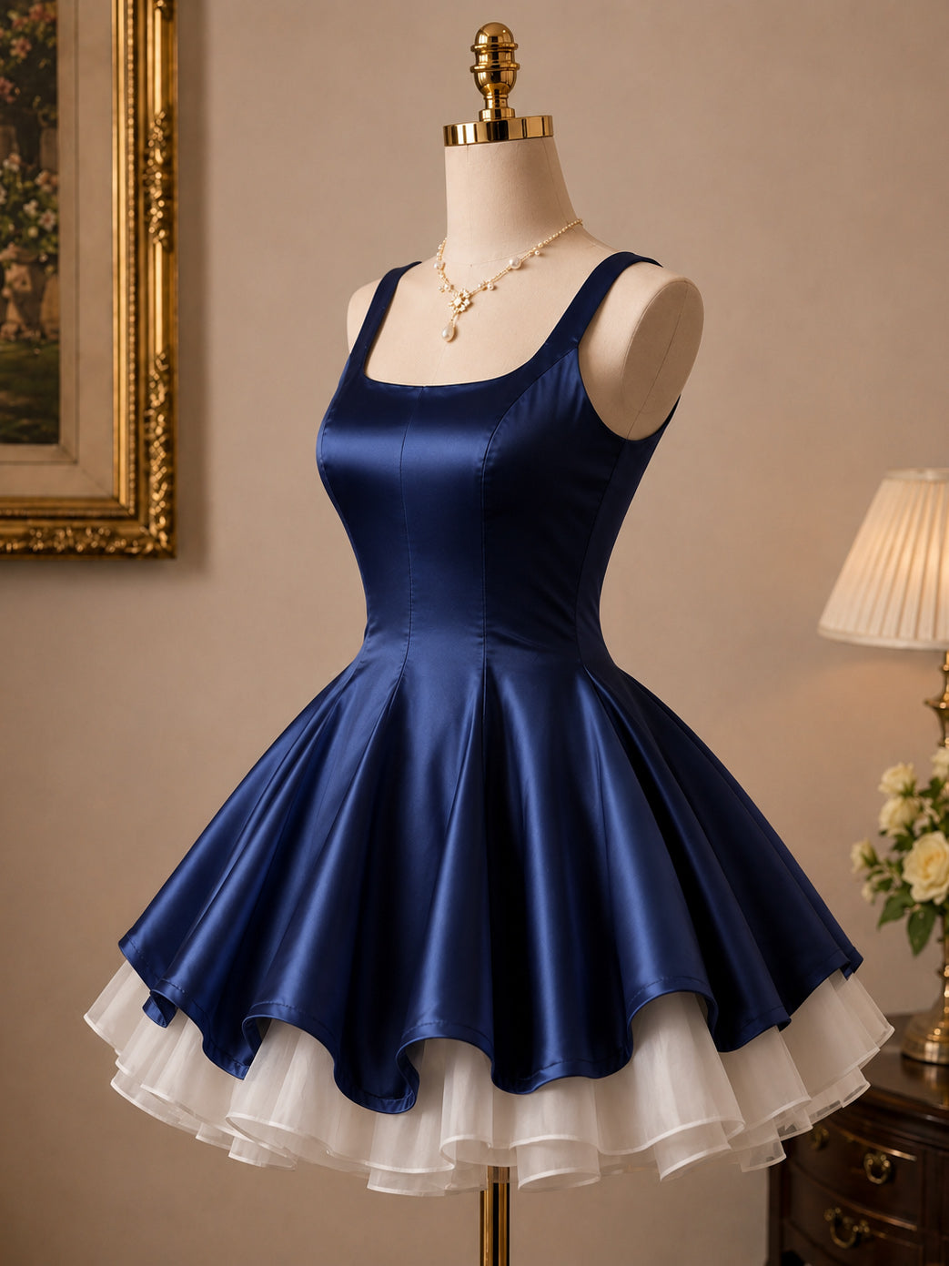 A-line Satin Tulle Mini Short Dark Blue Homecoming Dress