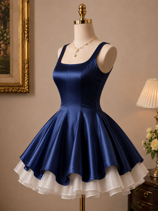 A-line Satin Tulle Mini Short Dark Blue Homecoming Dress