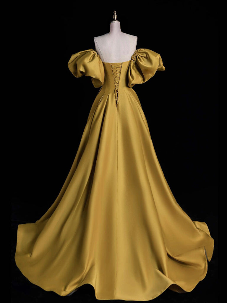 Yellow A-line Satin Long Prom Dress, Yellow Long Evening Dress