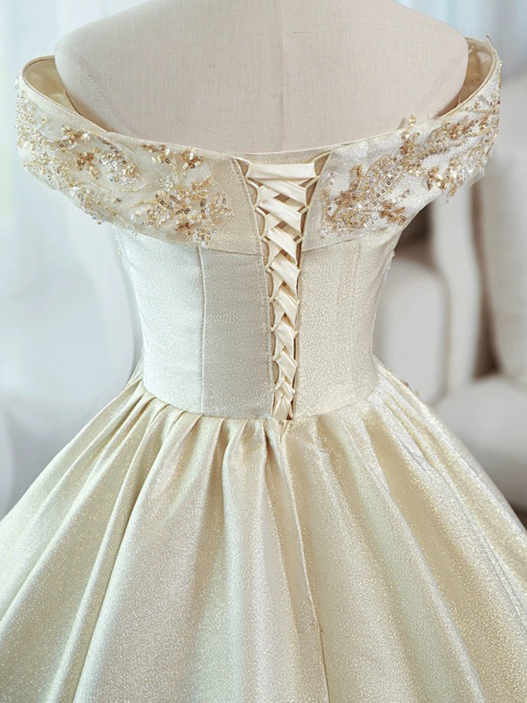 A-Line Satin Lace Off Shoulder Champagne Long Prom Dress dresstby A-Line Satin Lace Off Shoulder Champagne Long Prom Dress dresstby