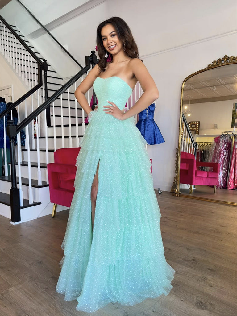 A-Line Sweetheart Neck Tulle Blue Long Prom Dress, Blue Long Graduation Dress