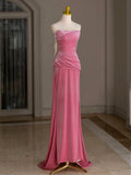 Pink Mermaid Velvet Beads Long Prom Dress, Pink Long Formal Dress