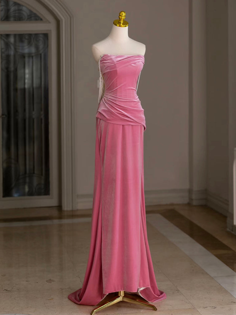 Pink Mermaid Velvet Beads Long Prom Dress, Pink Long Formal Dress