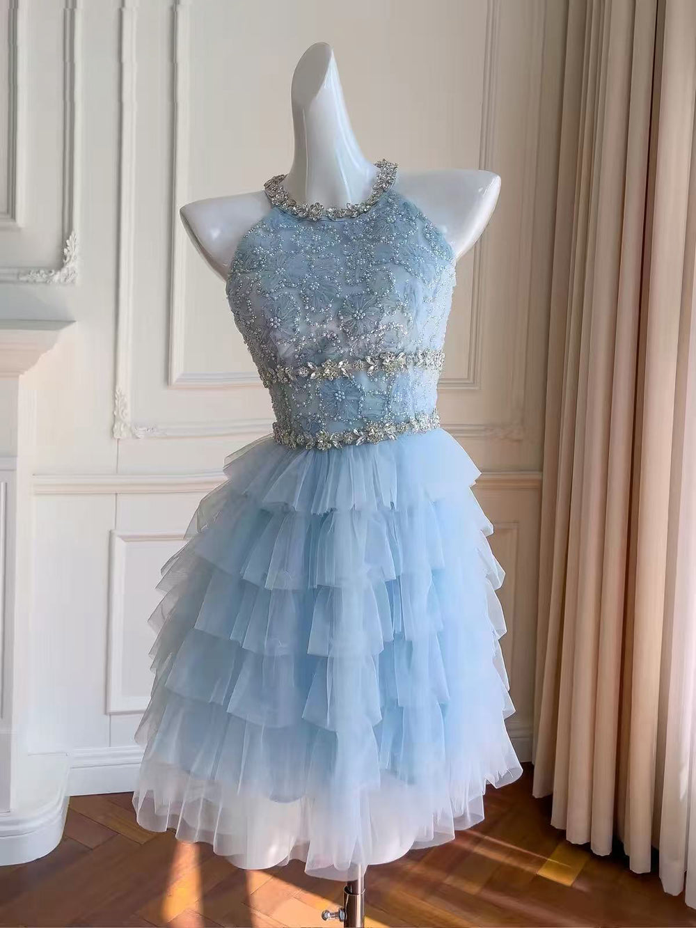 A-line Tulle Sequin Lace Blue Short Prom Dress, Blue Homecoming Dress