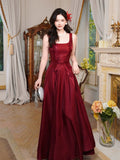 Simple A-Line Satin Burgundy Long Prom Dress, Burgundy Long Formal Dress
