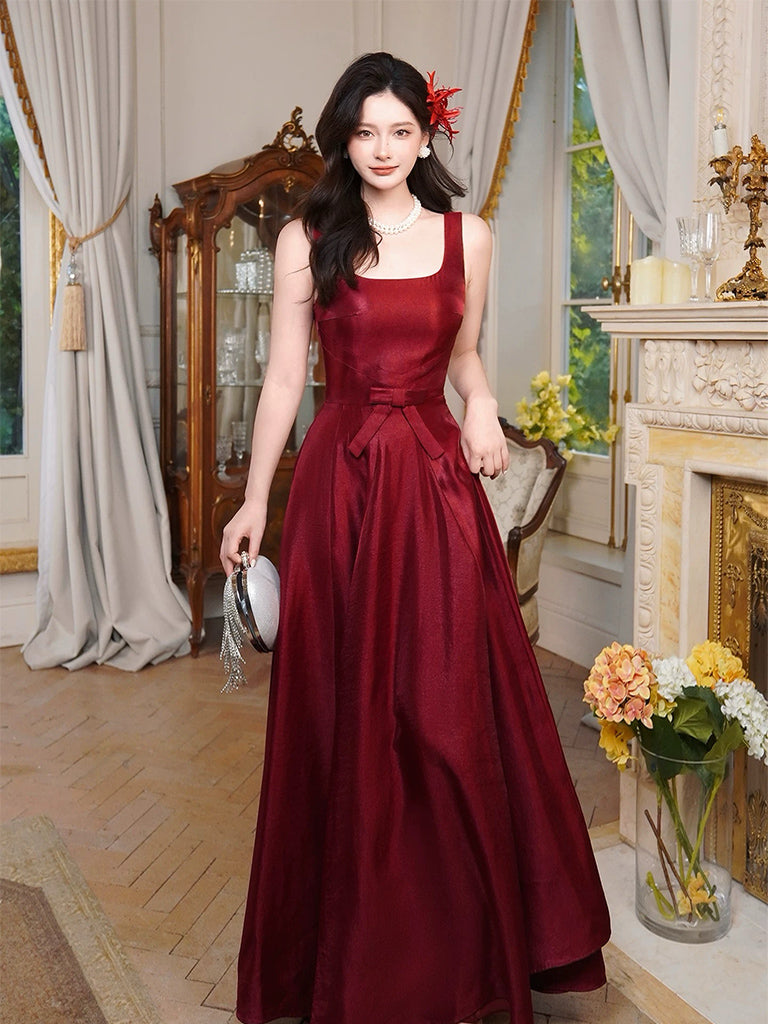 Simple A-Line Satin Burgundy Long Prom Dress, Burgundy Long Formal Dress