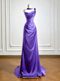 Simple One Shoulder Satin Sweep Train Purple Prom Dress