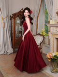 Simple A-Line Satin Burgundy Long Prom Dress, Burgundy Long Formal Dress
