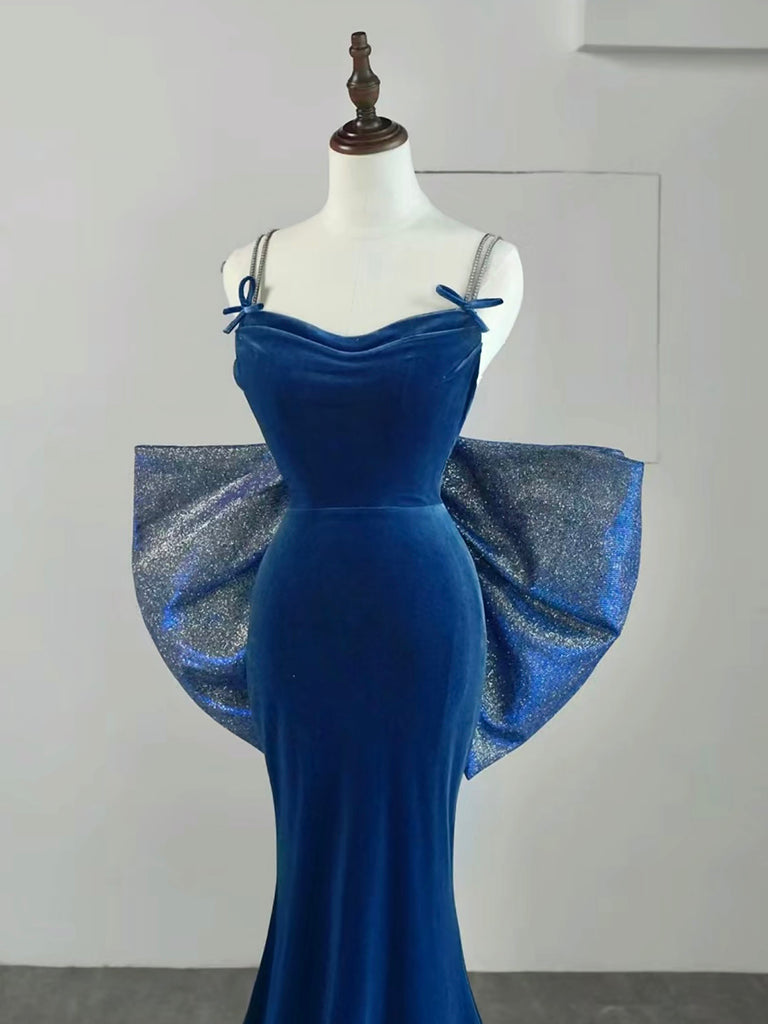 Mermaid Velvet Blue Long Prom Dress, Blue Long Evening Dress