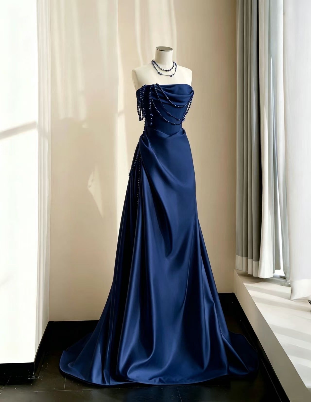 A-line Floor Length Satin Dark Blue Long Prom Dress, Dark Blue Formal Dress