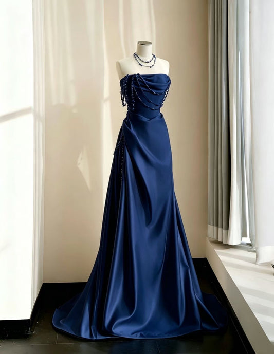 A-line Floor Length Satin Dark Blue Long Prom Dress, Dark Blue Formal Dress