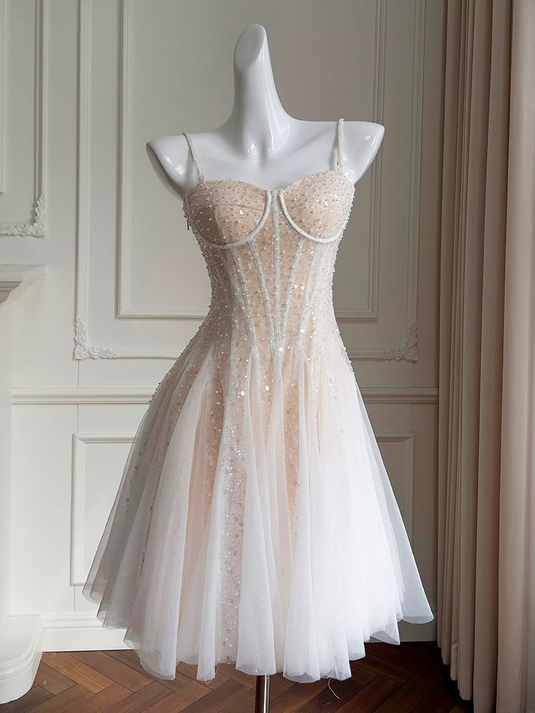 A-Line Sweetheart Neck Tulle Sequin Light Champagne Short Prom Dress