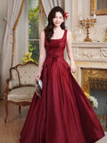 Simple A-Line Satin Burgundy Long Prom Dress, Burgundy Long Formal Dress