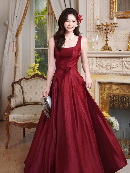 Simple A-Line Satin Burgundy Long Prom Dress, Burgundy Long Formal Dress