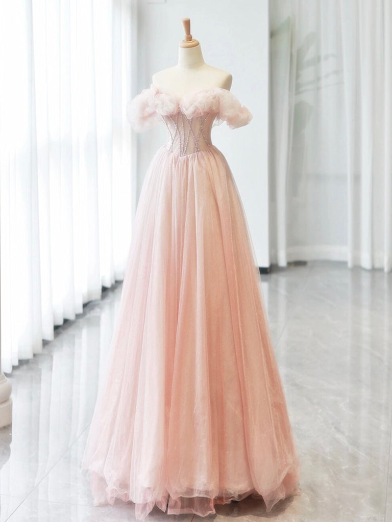 A-Line Sweetheart Neck Off Shoulder Tulle Pink Long Prom Dress, Pink Long Formal Dress