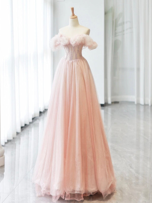 A-Line Sweetheart Neck Off Shoulder Tulle Pink Long Prom Dress, Pink Long Formal Dress