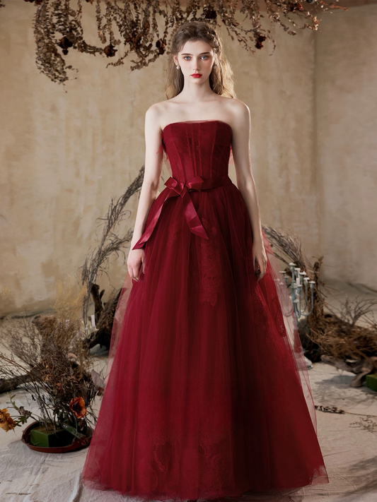 A-Line Tulle Lace Burgundy Long Prom Dress, Burgundy Long Formal Dress