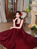 Simple A-Line Satin Burgundy Long Prom Dress, Burgundy Long Formal Dress