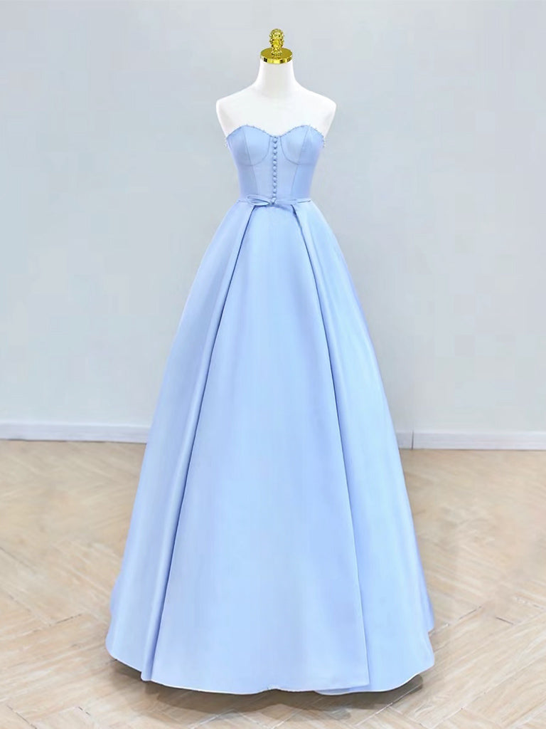 A-Line Sweetheart Neck Satin Blue Long Prom Dress, aBlue Long Formal D ...