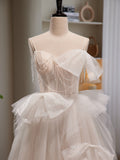A-Line Sweetheart Neck Tulle Sequin Light Champagne Long Prom Dress with Beads