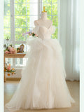 Ball Gown Tulle Lace ivory Long Prom Dress, ivory Long Graduation Dress