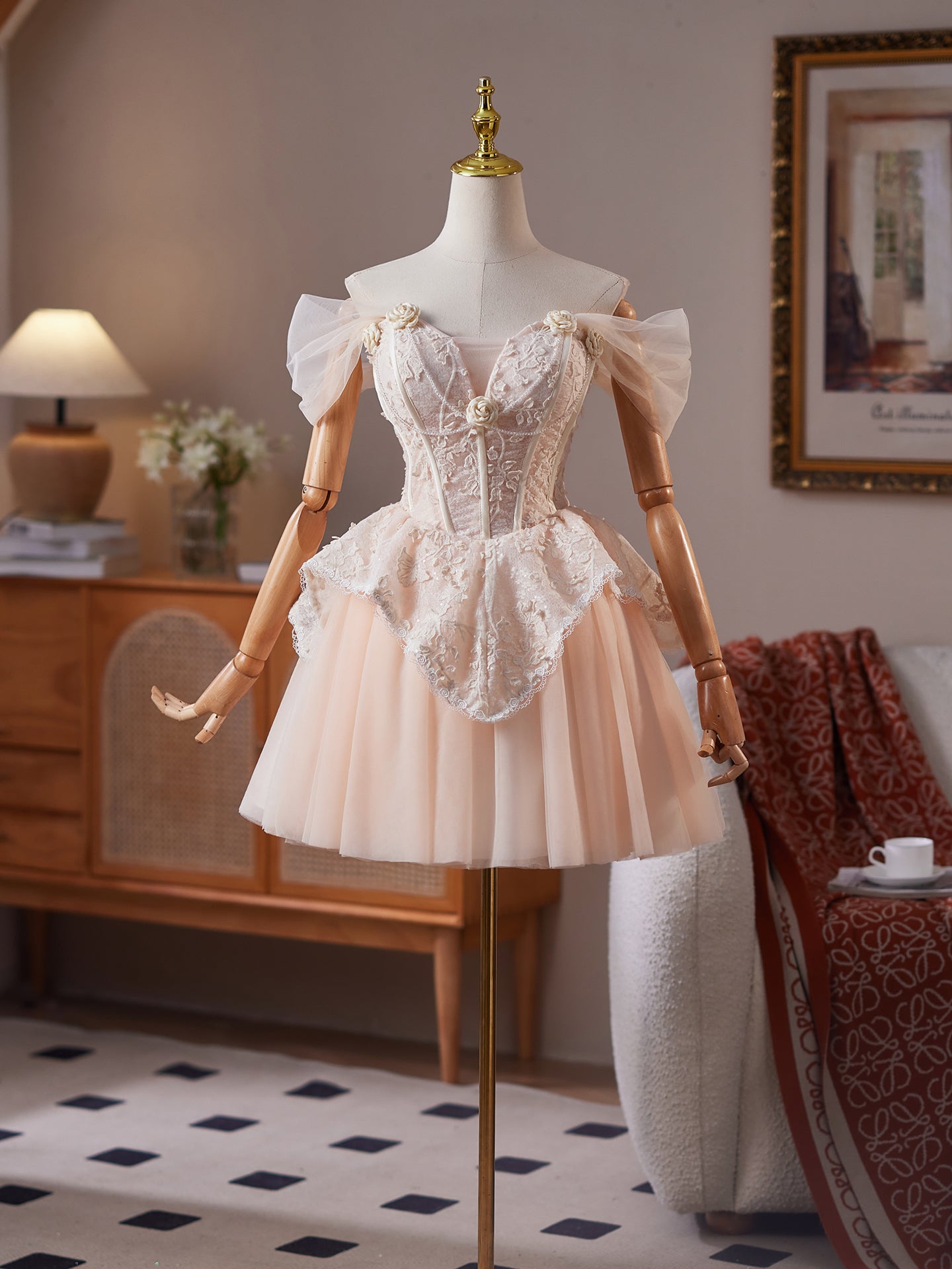 A-Line Off Shoulder Tulle Lace Champagne Pink Short Prom Dress, Champagne Homecoming Dress