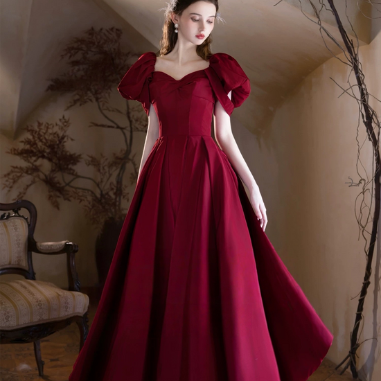 A-Line Puff Sleeves Satin Burgundy Prom Dress, Burgundy Long Formal Dr dresstby A-Line Puff Sleeves Satin Burgundy Prom Dress, Burgundy Long Formal Dr dresstby