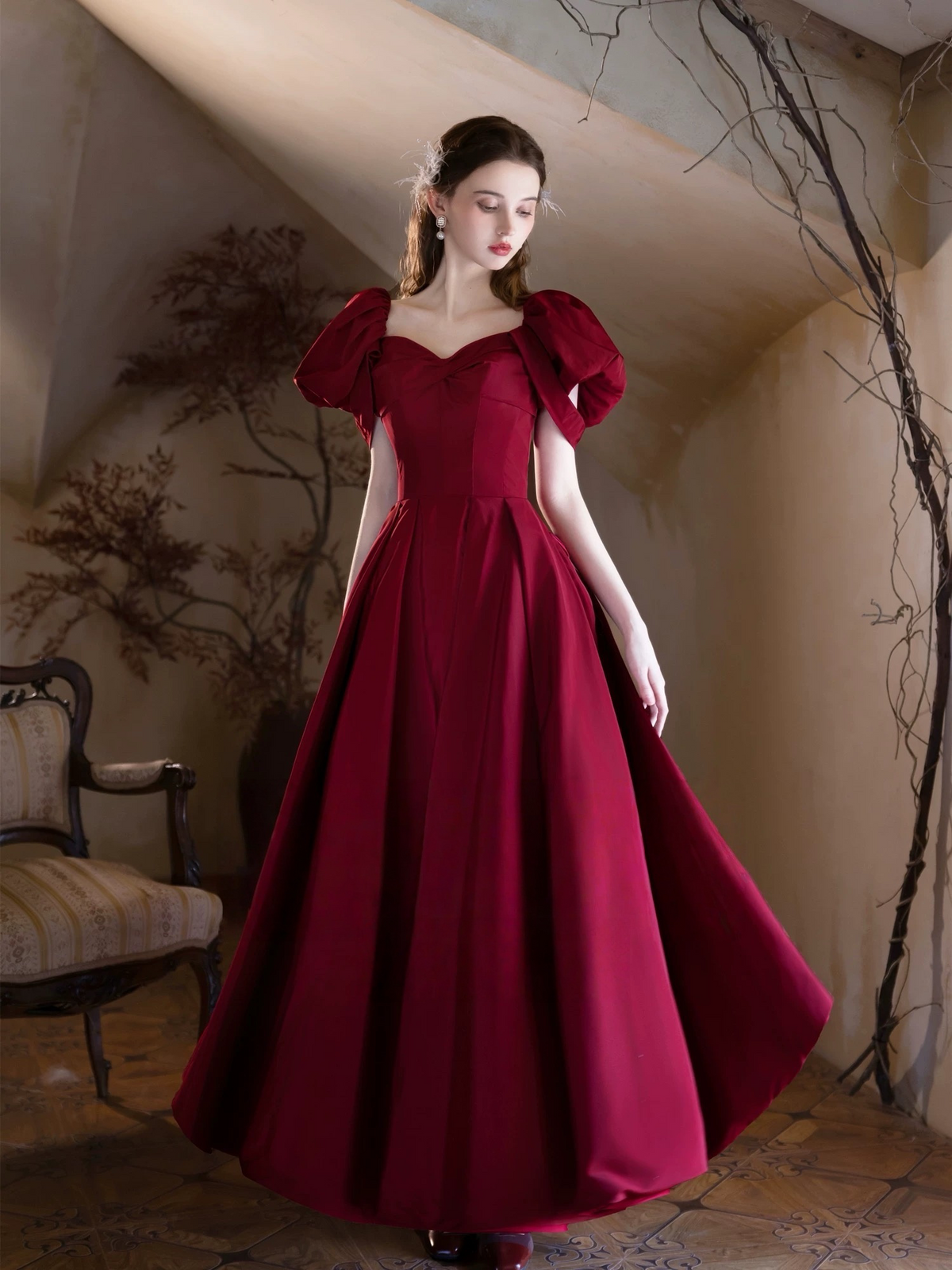 red dress long puff sleeves A-Line Satin Burgundy Prom Dress, Burgundy Formal SCH007338_DBL_XXL Let’s talk about bustles, 27 inches or 66 Name/Description:Hannah Deposit - Silk Chiffon + Alençon Lace Gown with Lace Trim Veil