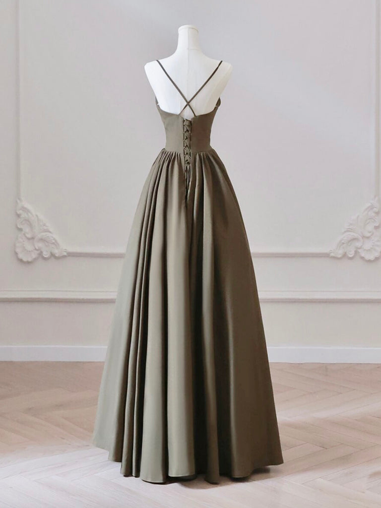 A-Line V Neck Satin Olive Green Long Prom Dress, Long Evening Dress