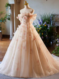 A-Line Off Shoulder Tulle Champagne Long Prom Dress, Champagne Long Formal Dress