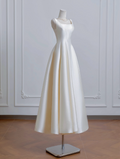 A-Line Satin Light Champagne Long Prom Dress, Light Champagne Evening Dress