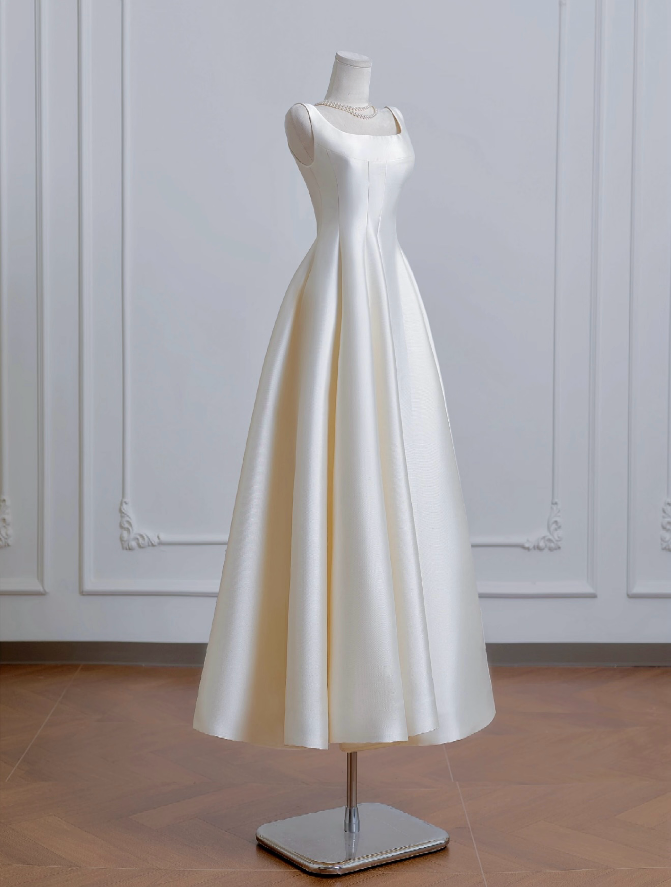 A-Line Satin Light Champagne Long Prom Dress, Light Champagne Evening Dress