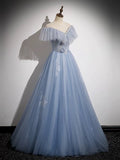 A-Line Off Shoulder Tulle Blue Long Prom Dress, Blue Long Formal Dress