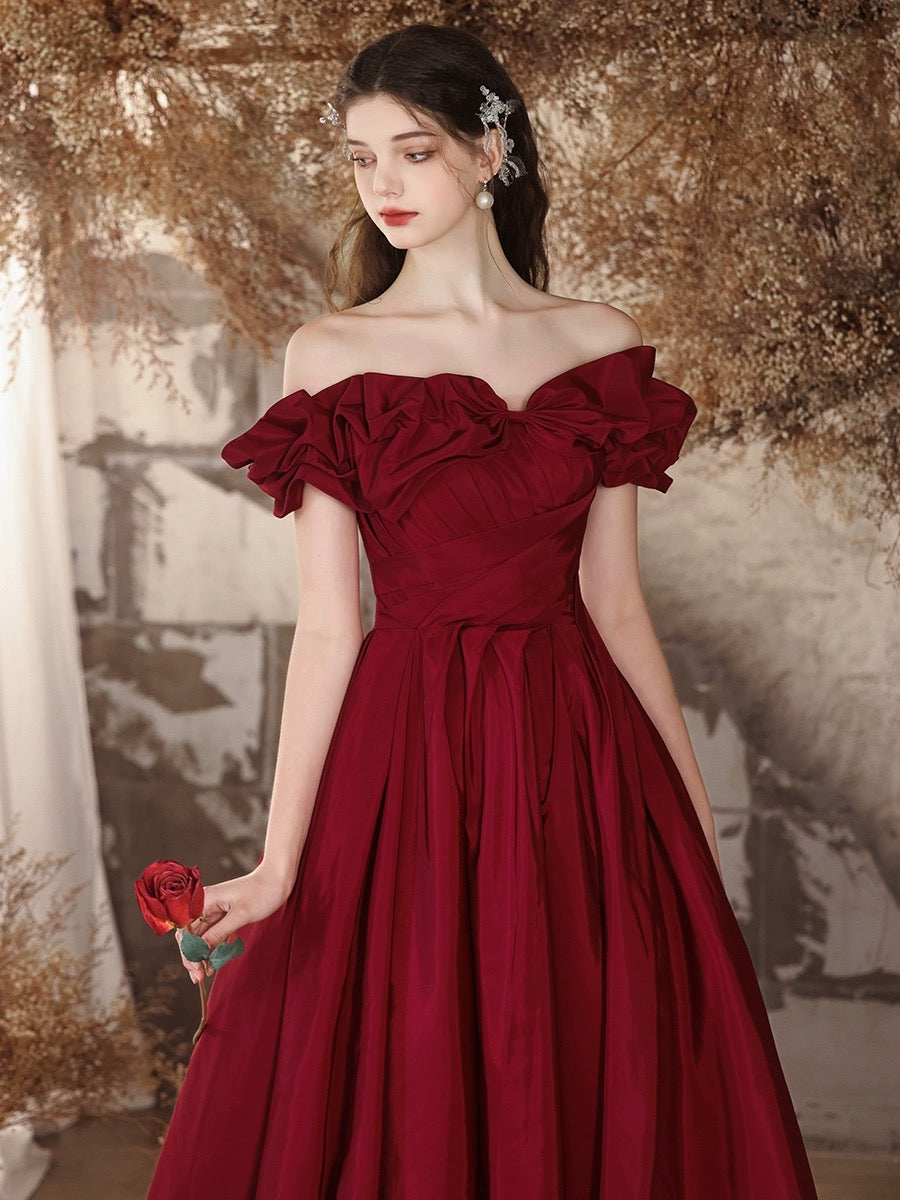 A-Line Off Shoulder Satin Burgundy Long Prom Dress