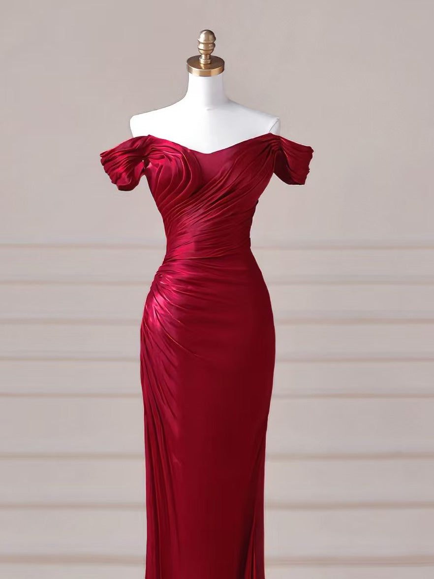 Mermaid off Shoulder Floor Length Burgundy Prom Dress, Burgundy Evening Dress