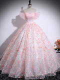 A-Line Off Shoulder Tulle Lace Pink Long Prom Dress, Pink Long Evening Dress