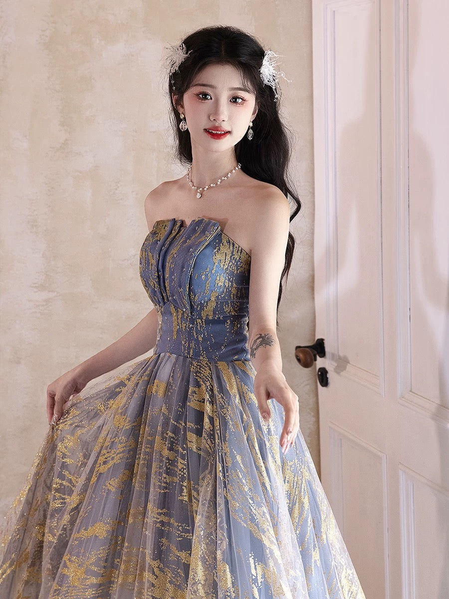 A-Line Tulle Sequin Blue/Gold Long Prom Dress, Blue/Gold Long Formal Dress