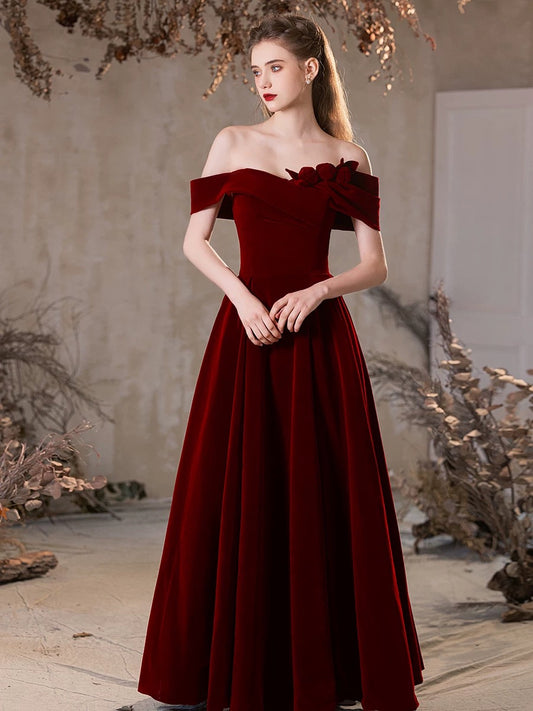 A-Line Off Shoulder Velvet Burgundy Long Prom Dress, Burgundy Long Formal Dress