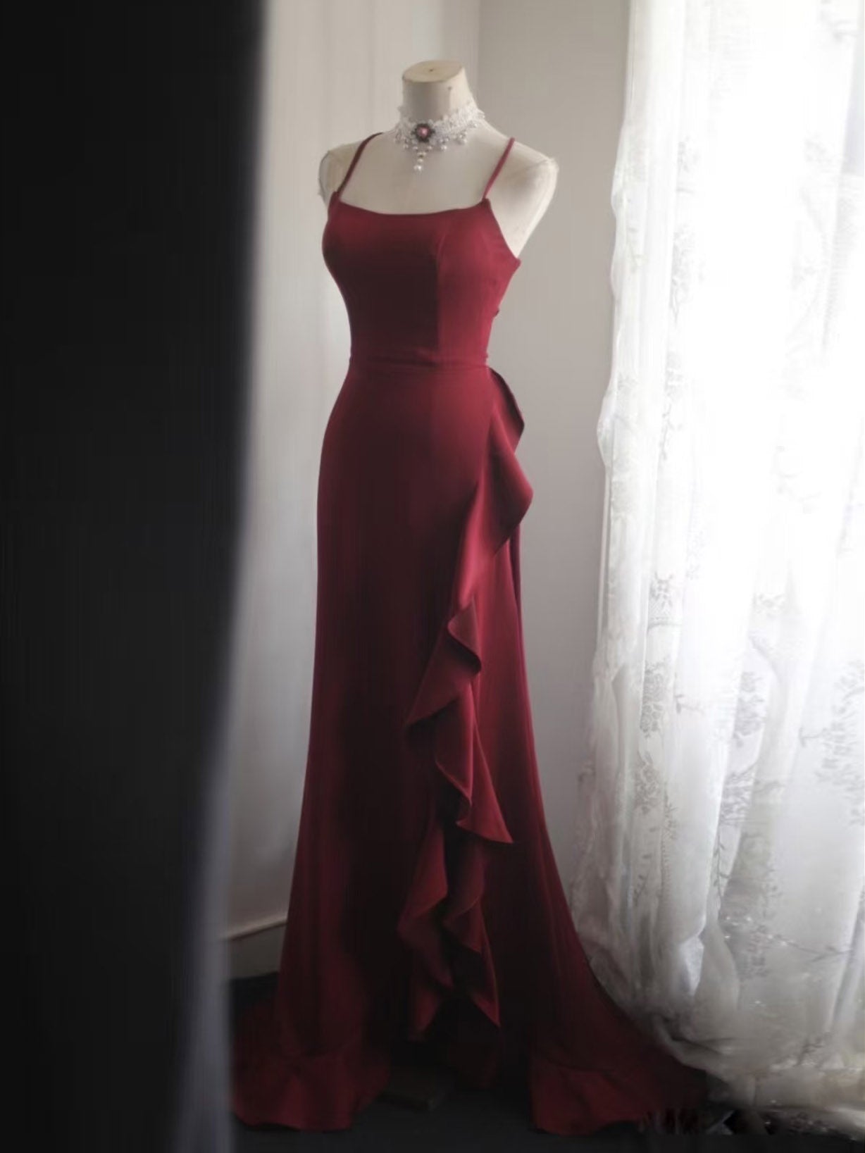 A-line Spoon Neck Ruffles Burgundy Long Prom Dress, Burgundy Party Dress