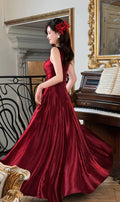 Simple A-Line Satin Burgundy Long Prom Dress, Burgundy Long Formal Dress