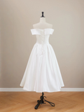 A-Line Off Shoulder Tea Length White Prom Dress, White Bridesmaid Dress