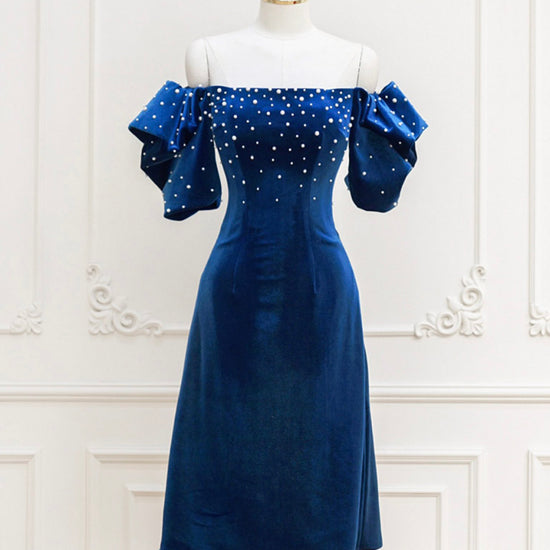 velvet cocktail dress Blue Beads Short Prom Dress, Blue – dresstby Size:L+ and down at your 29-10-25-release Grey Ruched Bodycon with