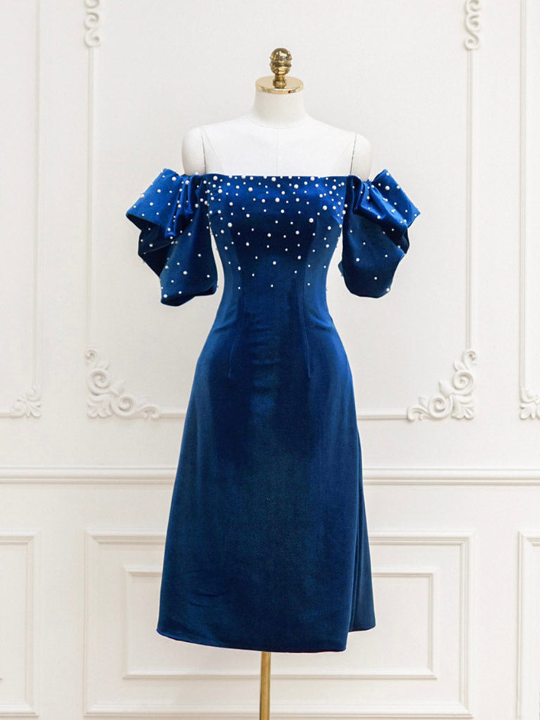 Blue Velvet Beads Short Prom Dress, Blue Cocktail Dress dresstby Blue Velvet Beads Short Prom Dress, Blue Cocktail Dress dresstby