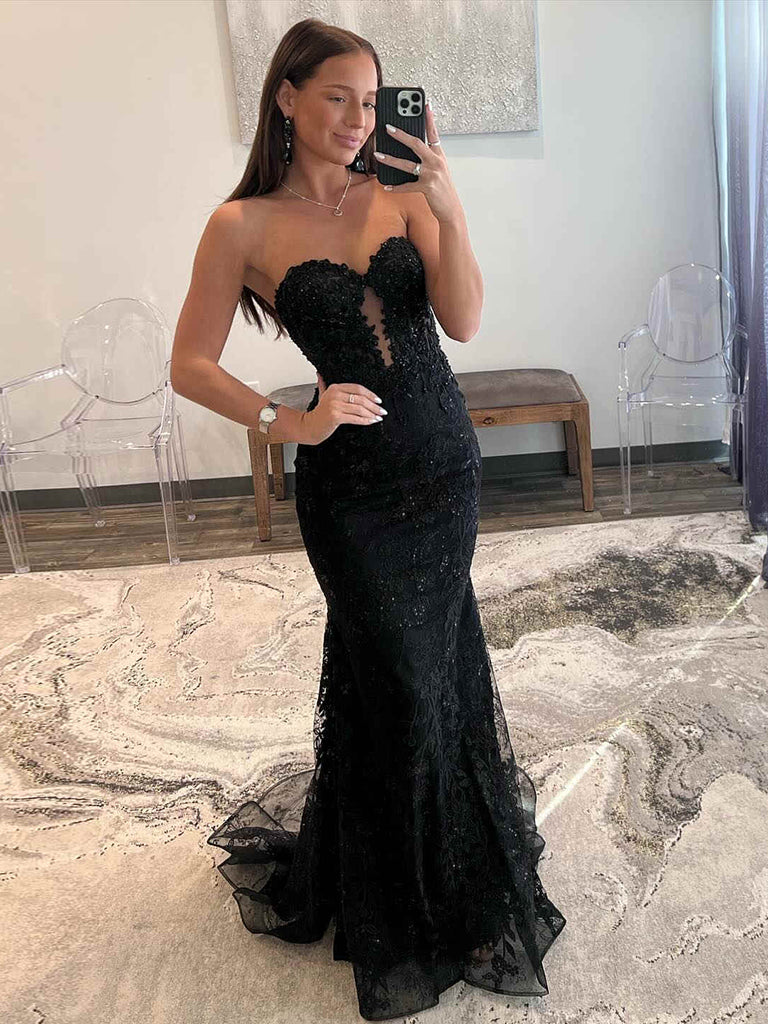 Mermaid Sweetheart Neck Tulle Lace Black Long Prom Dress, Black Evening Dress