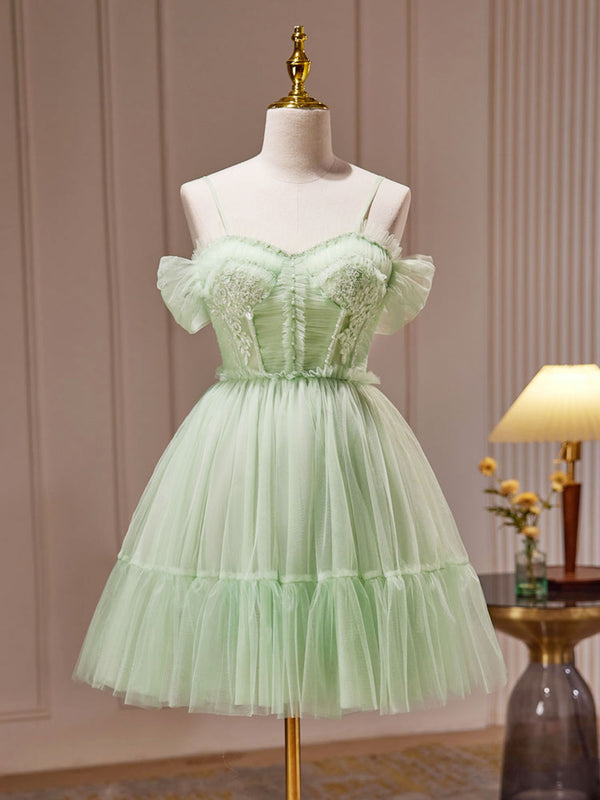 Green Sweetheart Neck Tulle Lace Short Prom Dress, Green Homecoming Dress