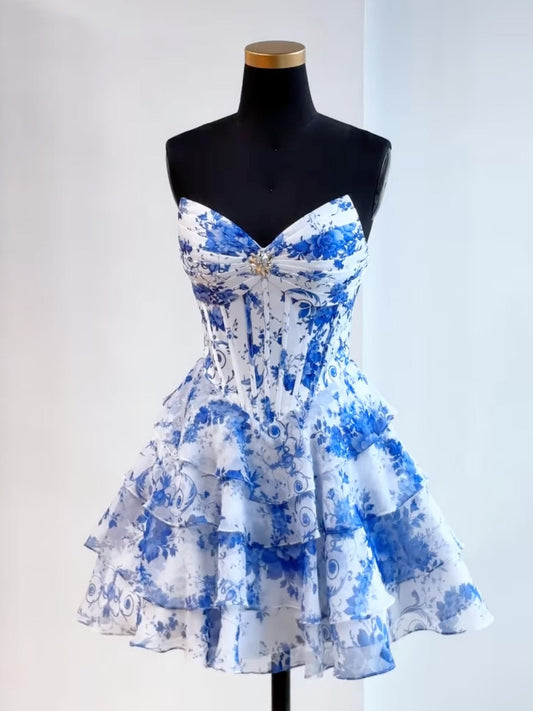 A-line V Neck Blue Short Prom Dress, Blue Homecoming Dress