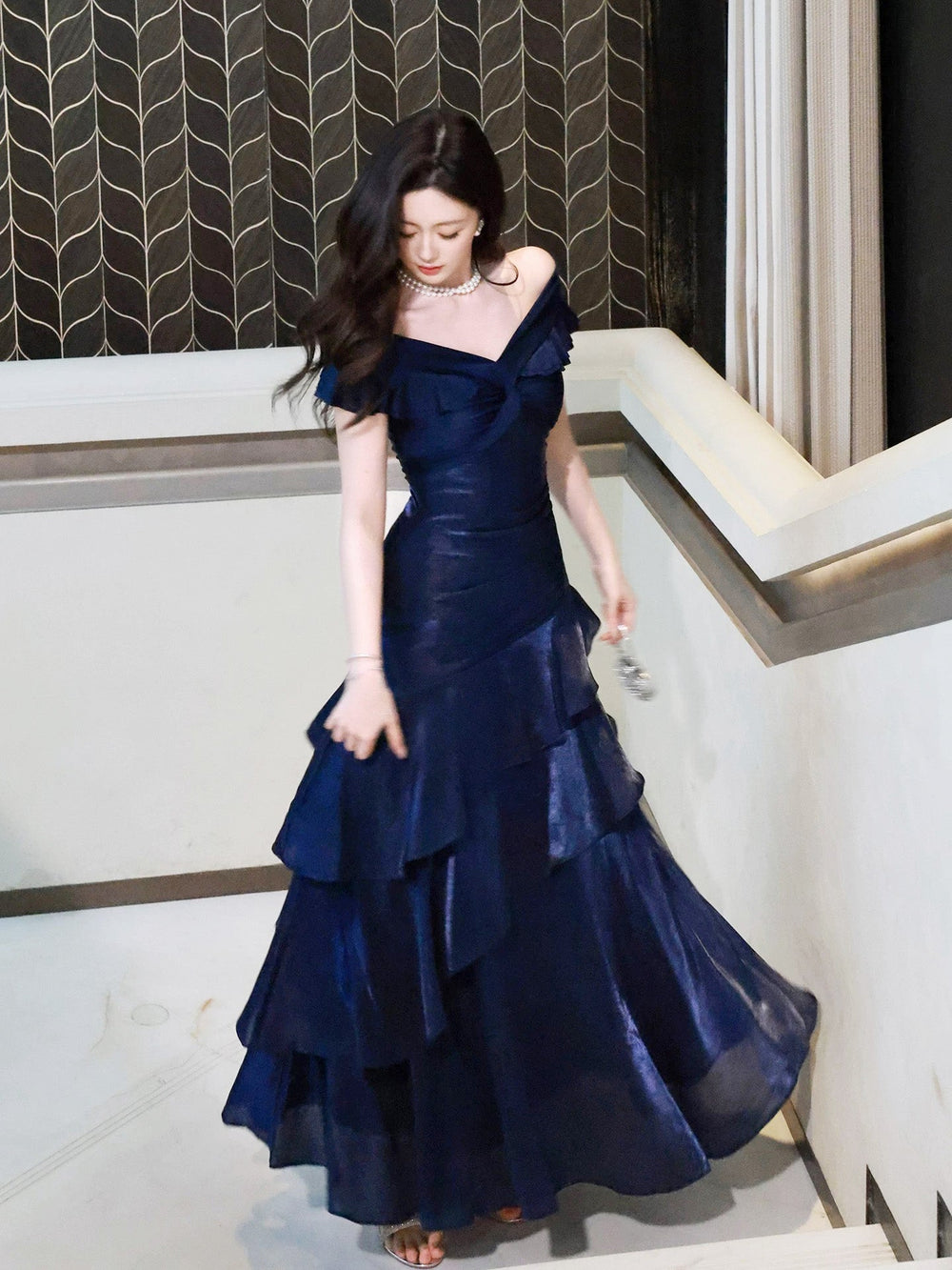 A-line Off Shoulder Off Shoulder Floor Length Dark Blue Prom Dress