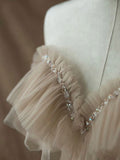 A-Line Champagne Tulle Lace Long Prom Dress, Champagne Formal Evening Dress